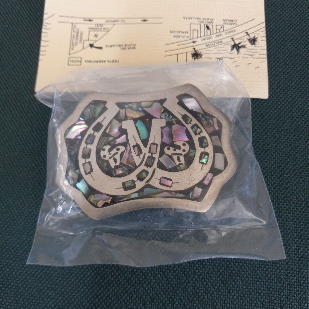 Silver & Abalone Double Horseshoe Belt Buckle